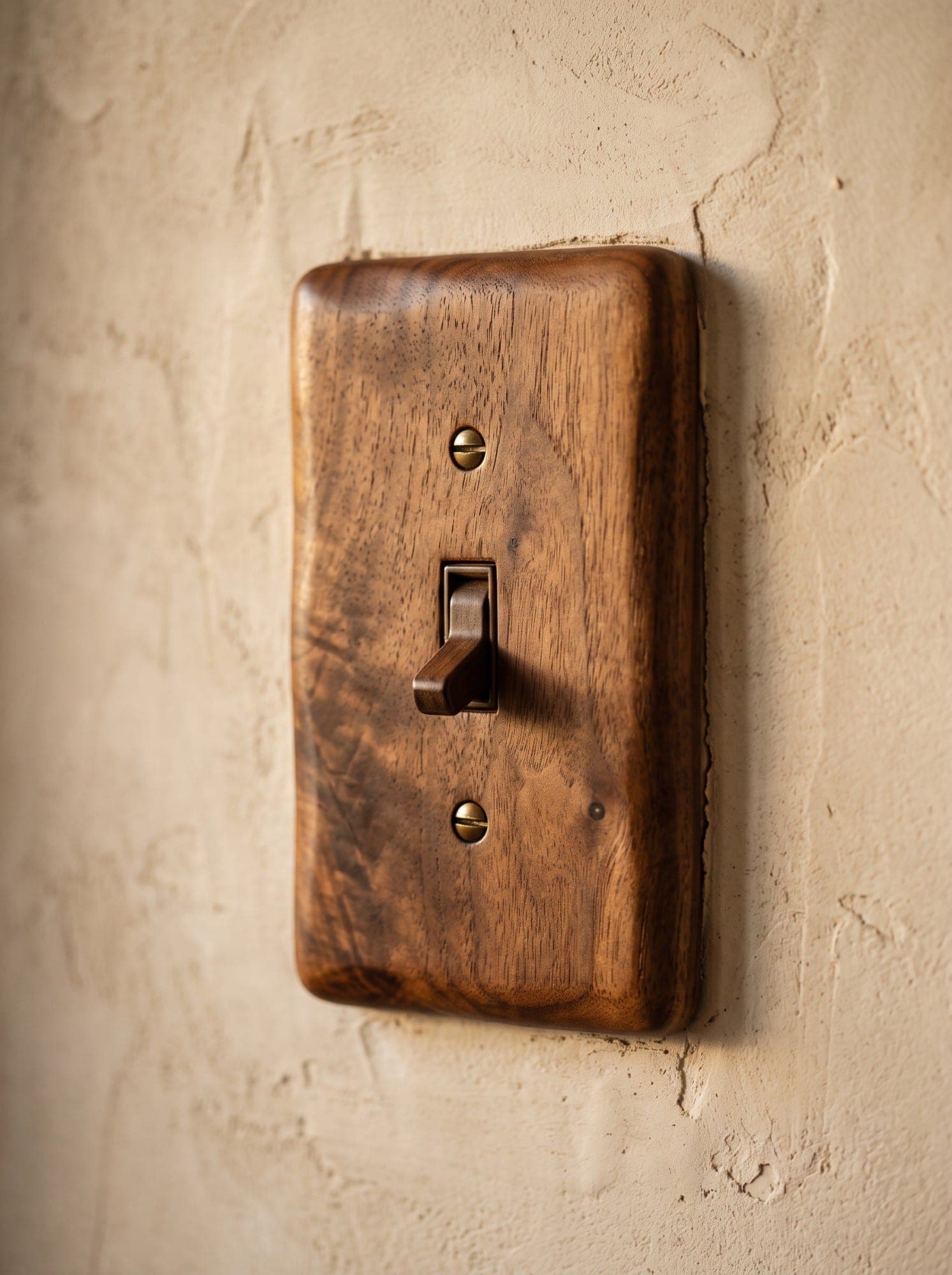 A hand-carved walnut switch plate with brass screws on a plaster wall