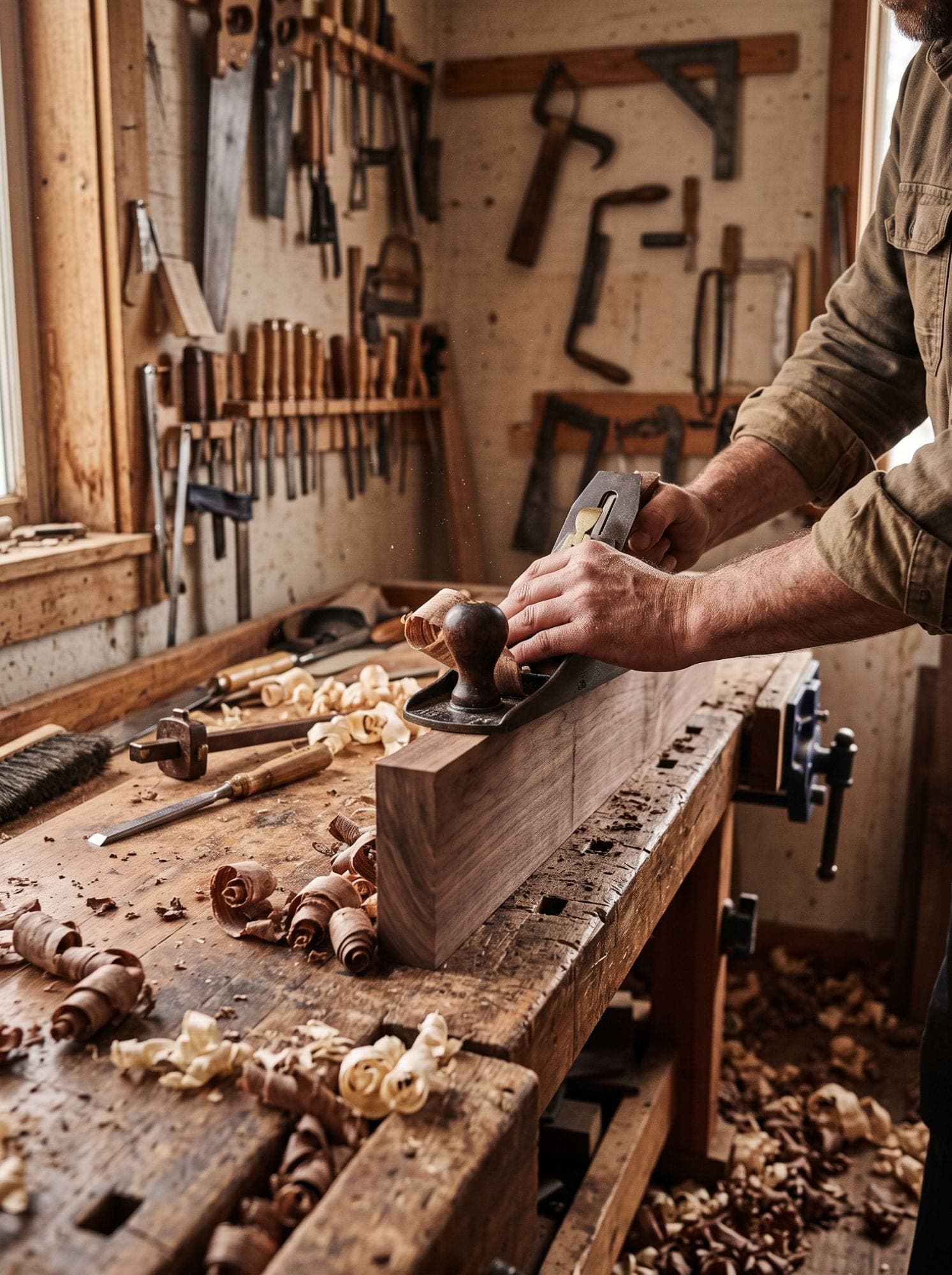 A woodworker’s hands pushing a hand plane along a walnut board, shavings curling across the bench