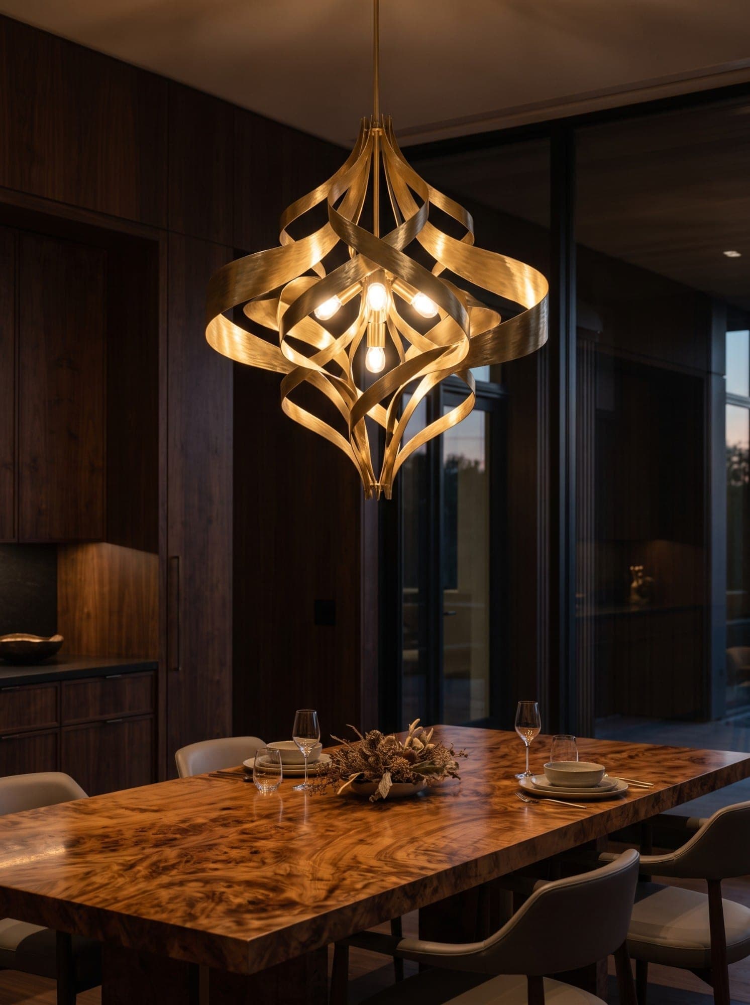 A sculptural brass ribbon chandelier glowing above a figured burl wood dining table at dusk