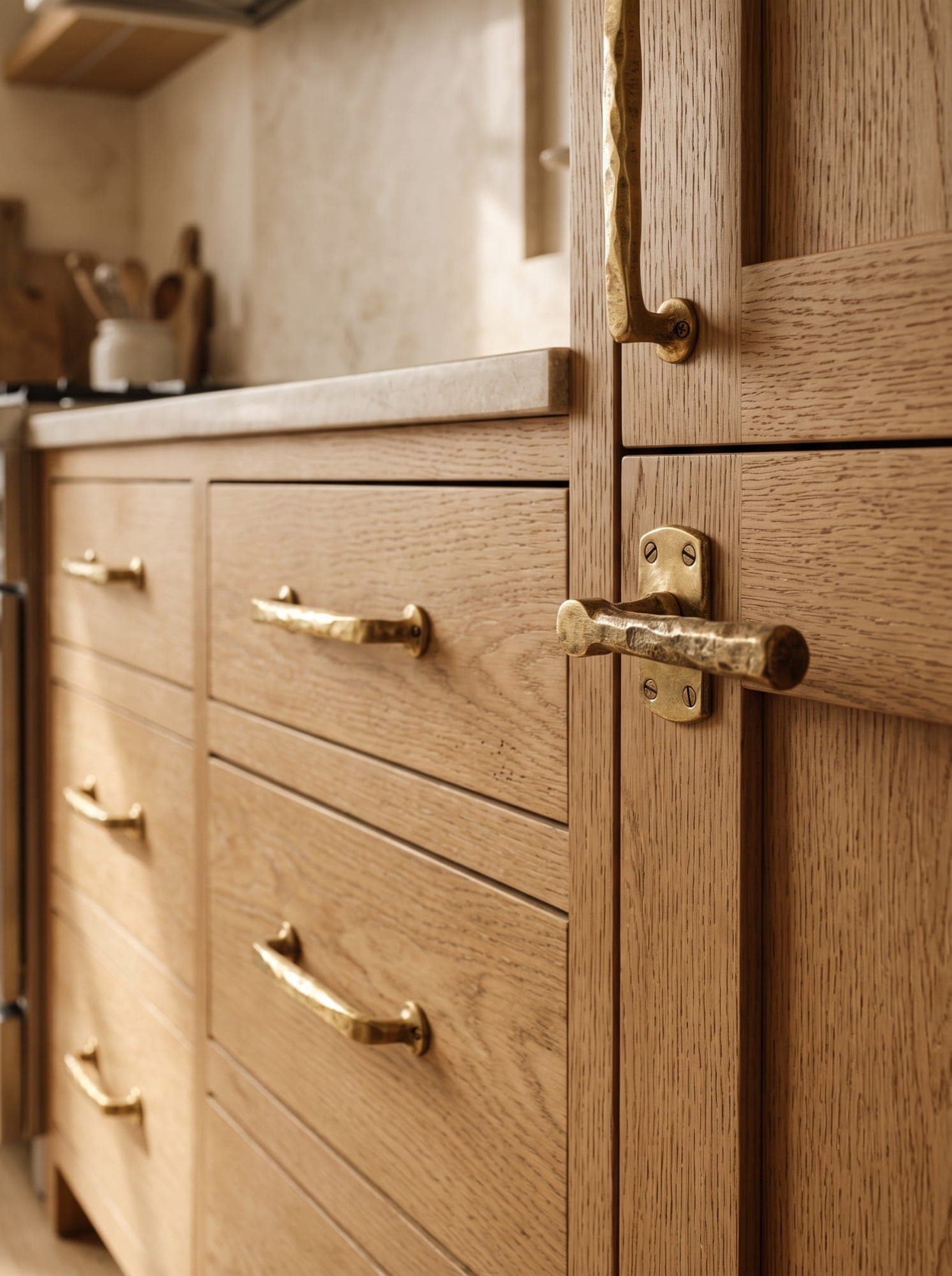 Hand-hammered brass pulls and a brass lever on white oak kitchen cabinetry in warm light