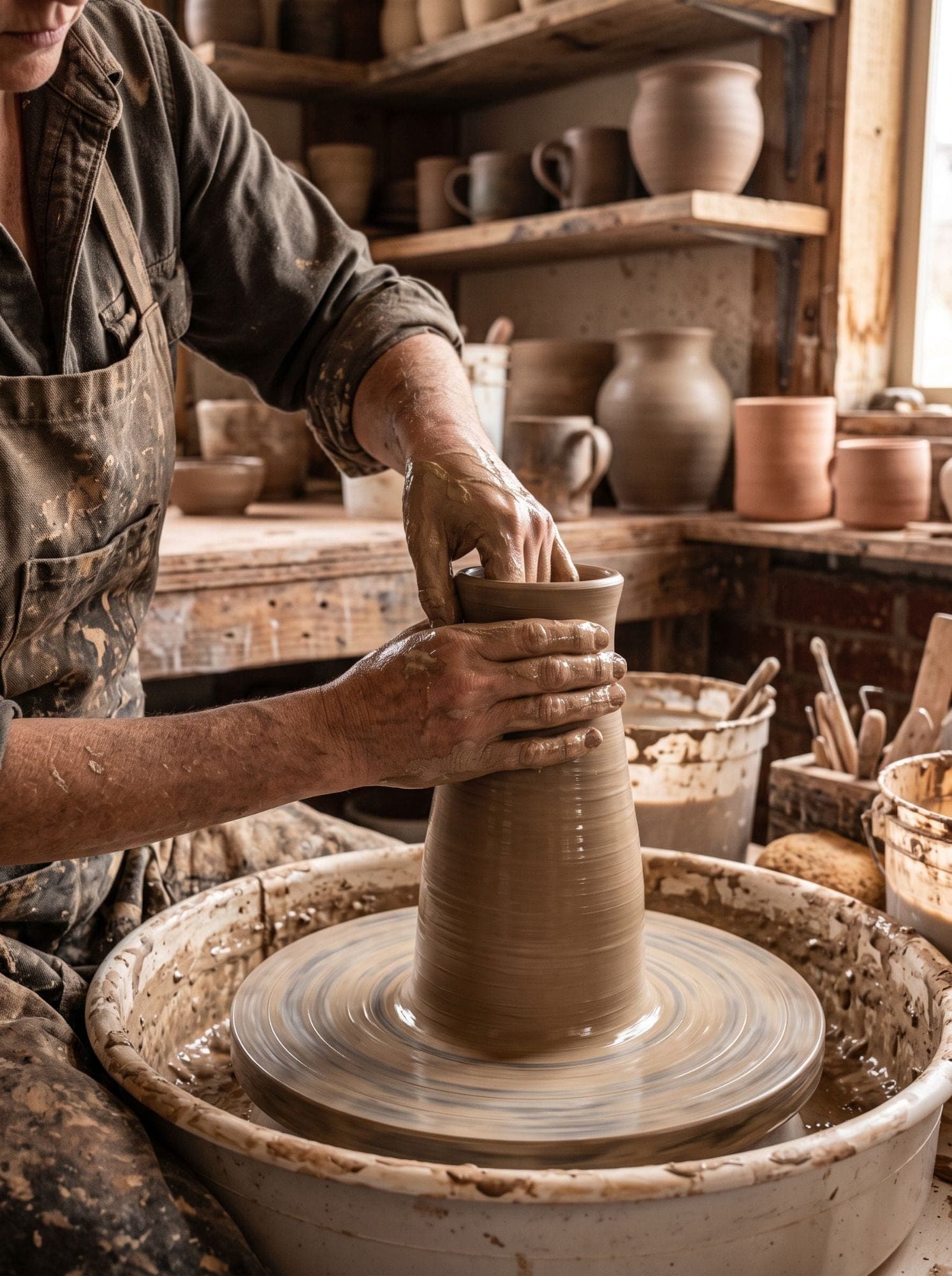 A potter’s clay-covered hands shaping a tall vessel on the wheel