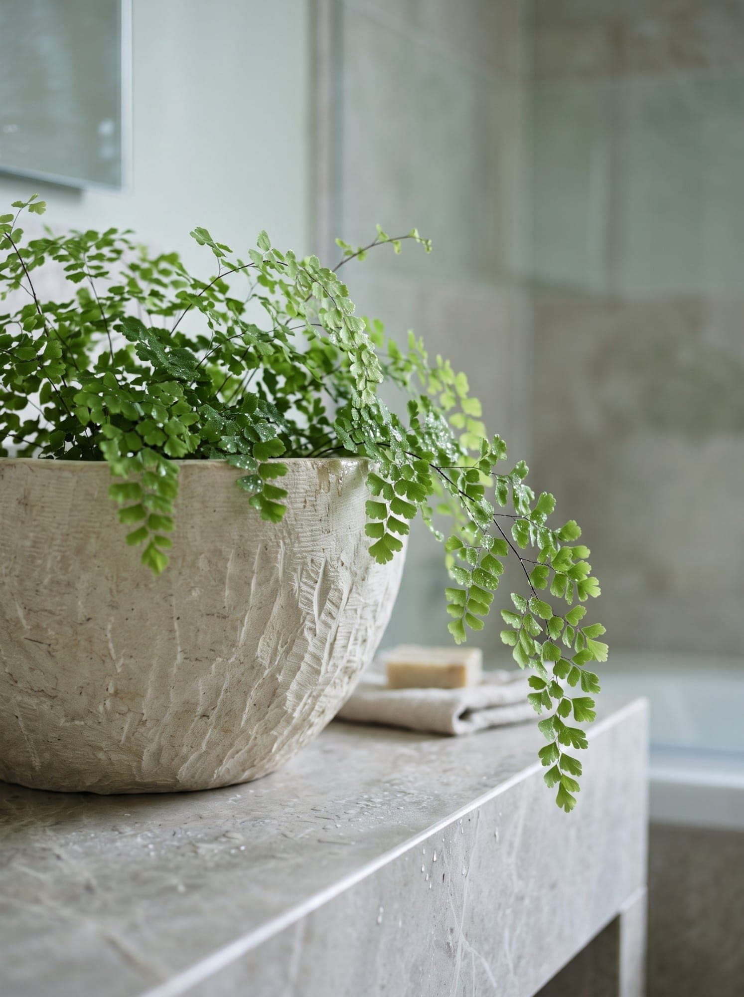 Maidenhair ferns spilling from a hand-carved stone vessel on a honed stone ledge