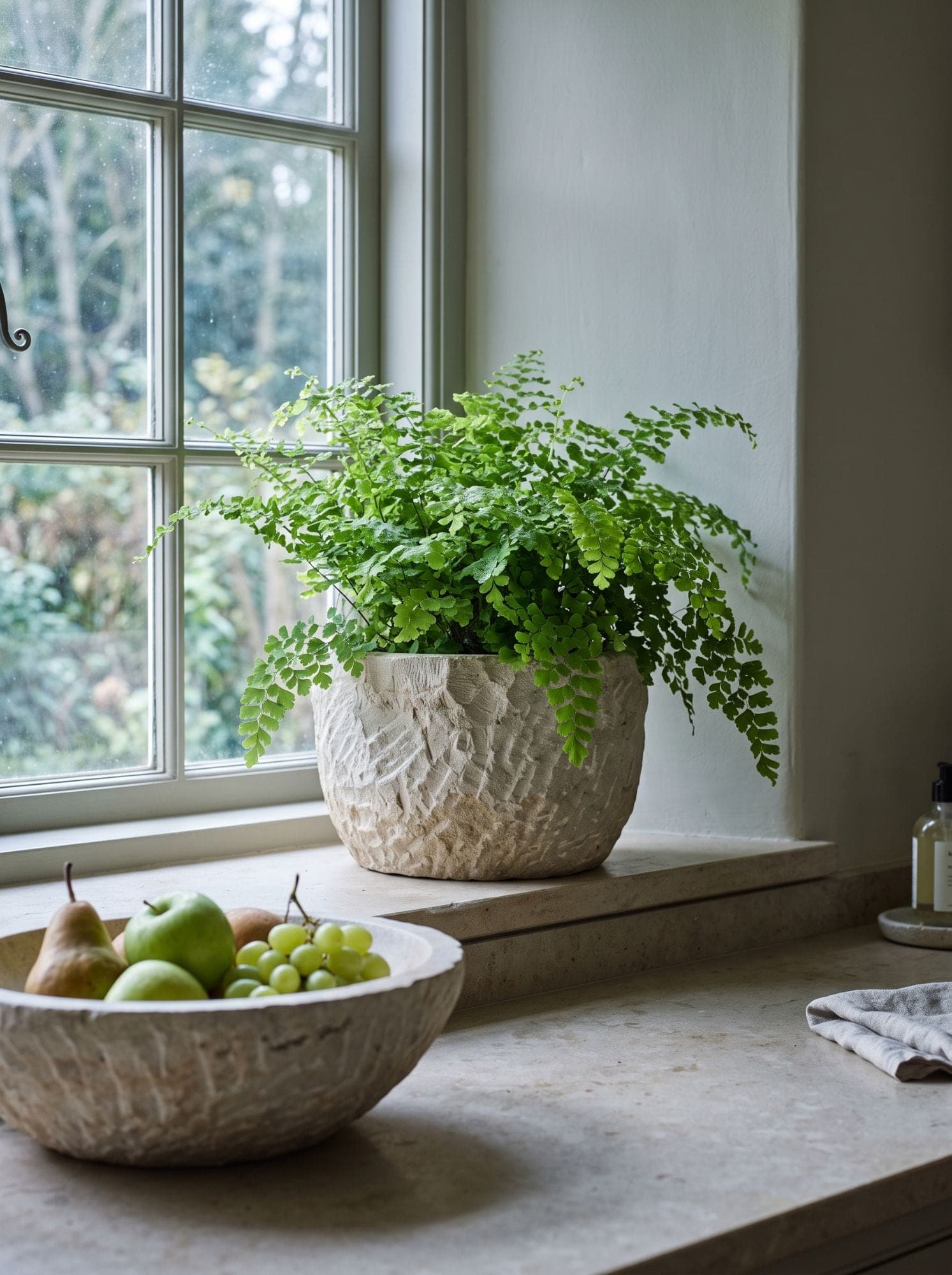 A carved stone planter of ferns on a kitchen windowsill beside a carved stone fruit bowl
