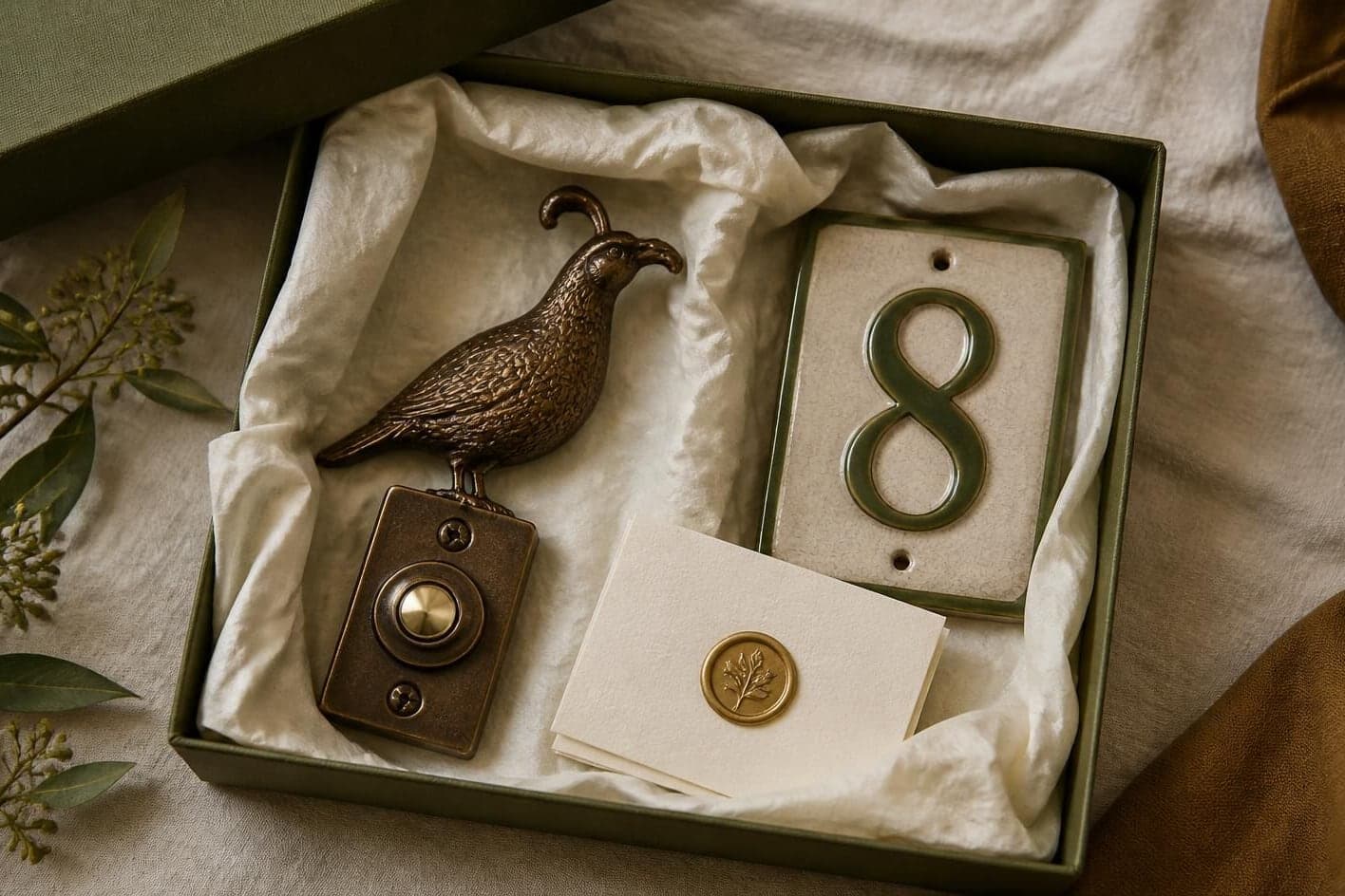 An open green gift box holding a bronze quail doorbell, a hand-glazed number tile and a card sealed with wax
