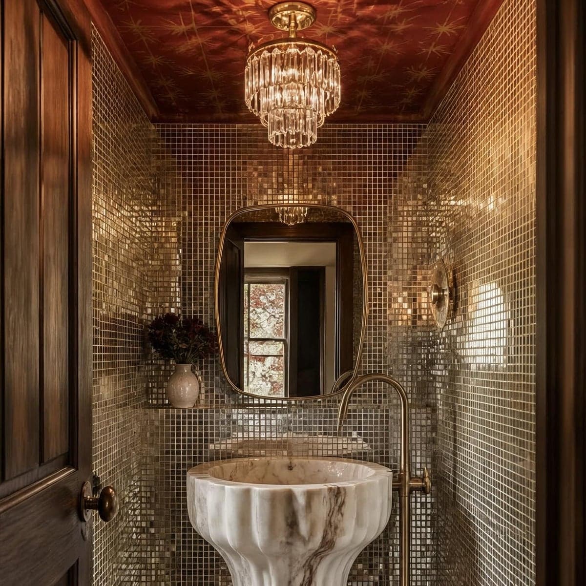 A powder room of mirrored mosaic tile beneath a copper ceiling and a tiny crystal chandelier, with a marble pedestal sink