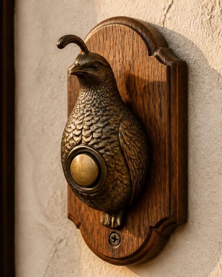 A hand-cast bronze doorbell shaped like a California quail, on an oak plate beside a front door