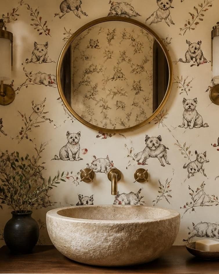 A powder room papered in a hand-drawn repeating pattern of terriers, with a round brass mirror and a carved stone sink