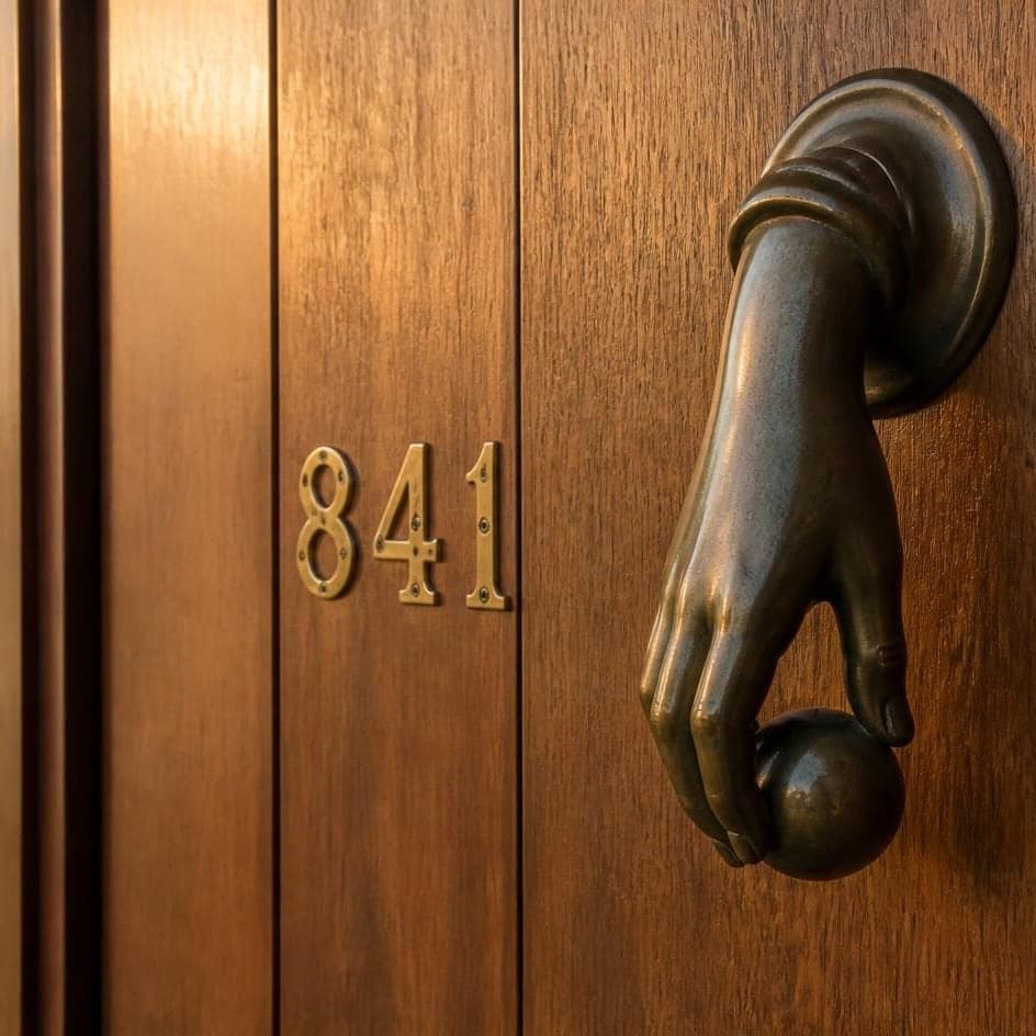 Brass house numbers beside a cast-bronze hand knocker on a wood front door