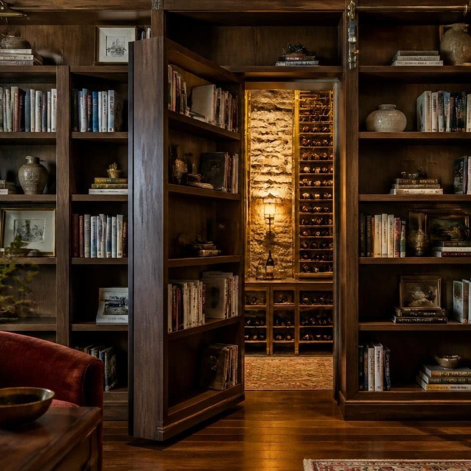 A bookcase swung open to reveal a stone-walled wine room