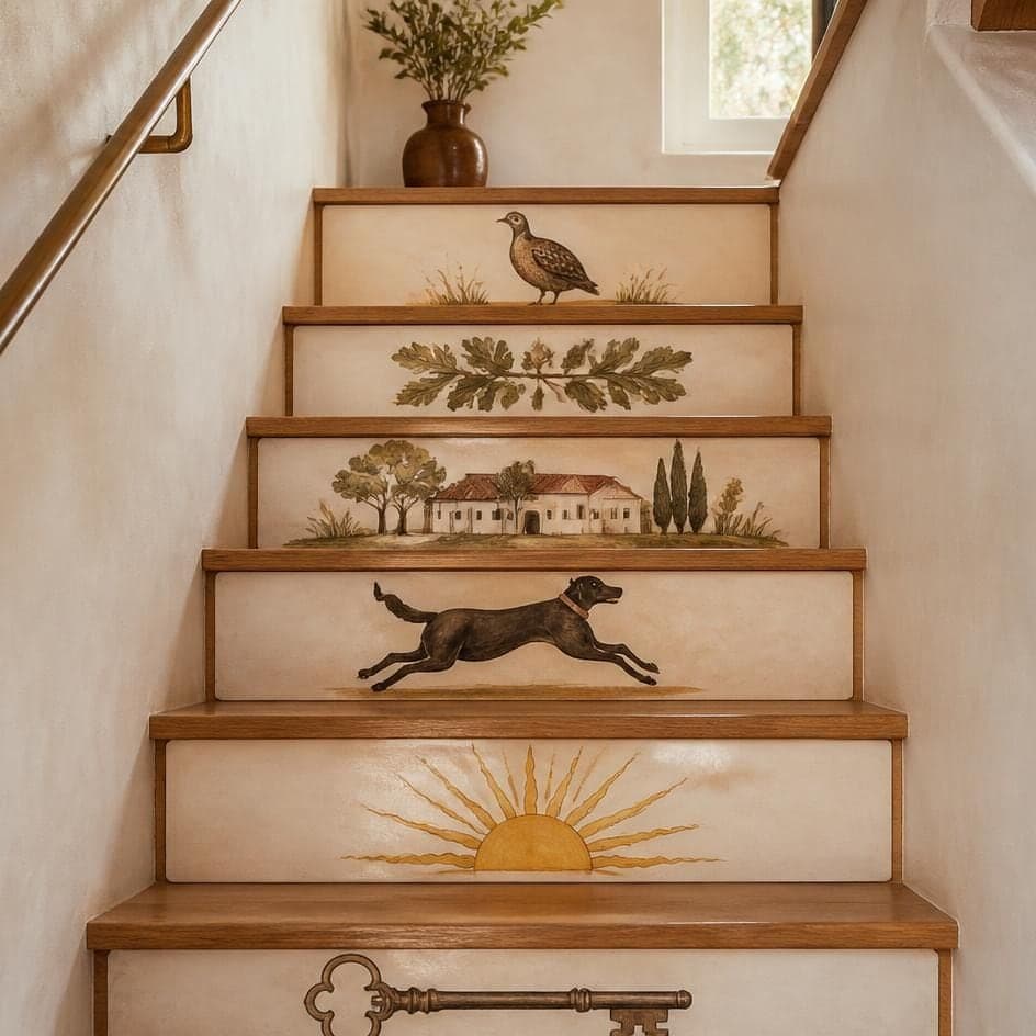 Stair risers each hand-painted with a quail, oak leaves, a farmhouse, a running dog, a sunrise and a key