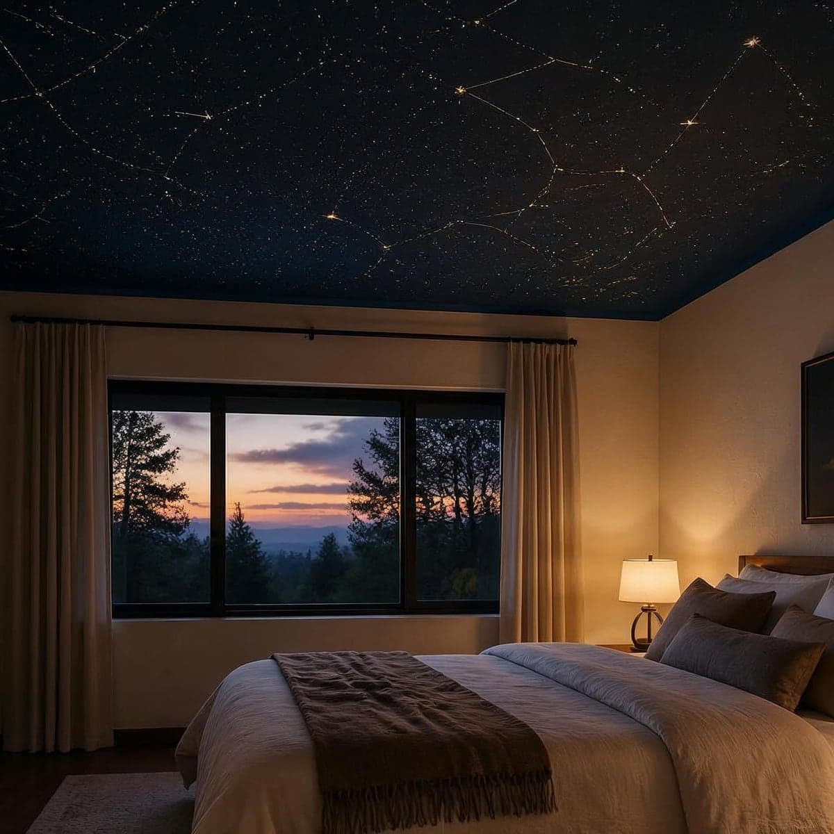A bedroom ceiling painted midnight blue with a fine gold star map, above a bed and a sunset window