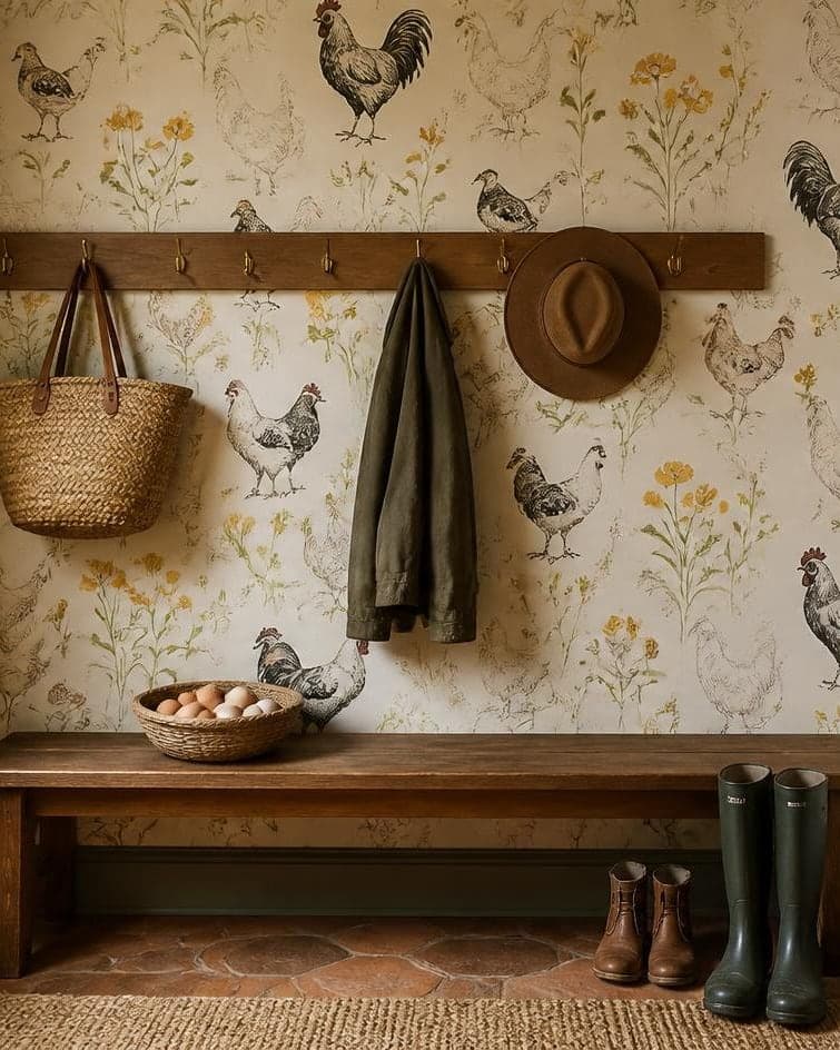 A mudroom papered in a hand-drawn pattern of hens and roosters among wildflowers, above an oak bench and garden boots