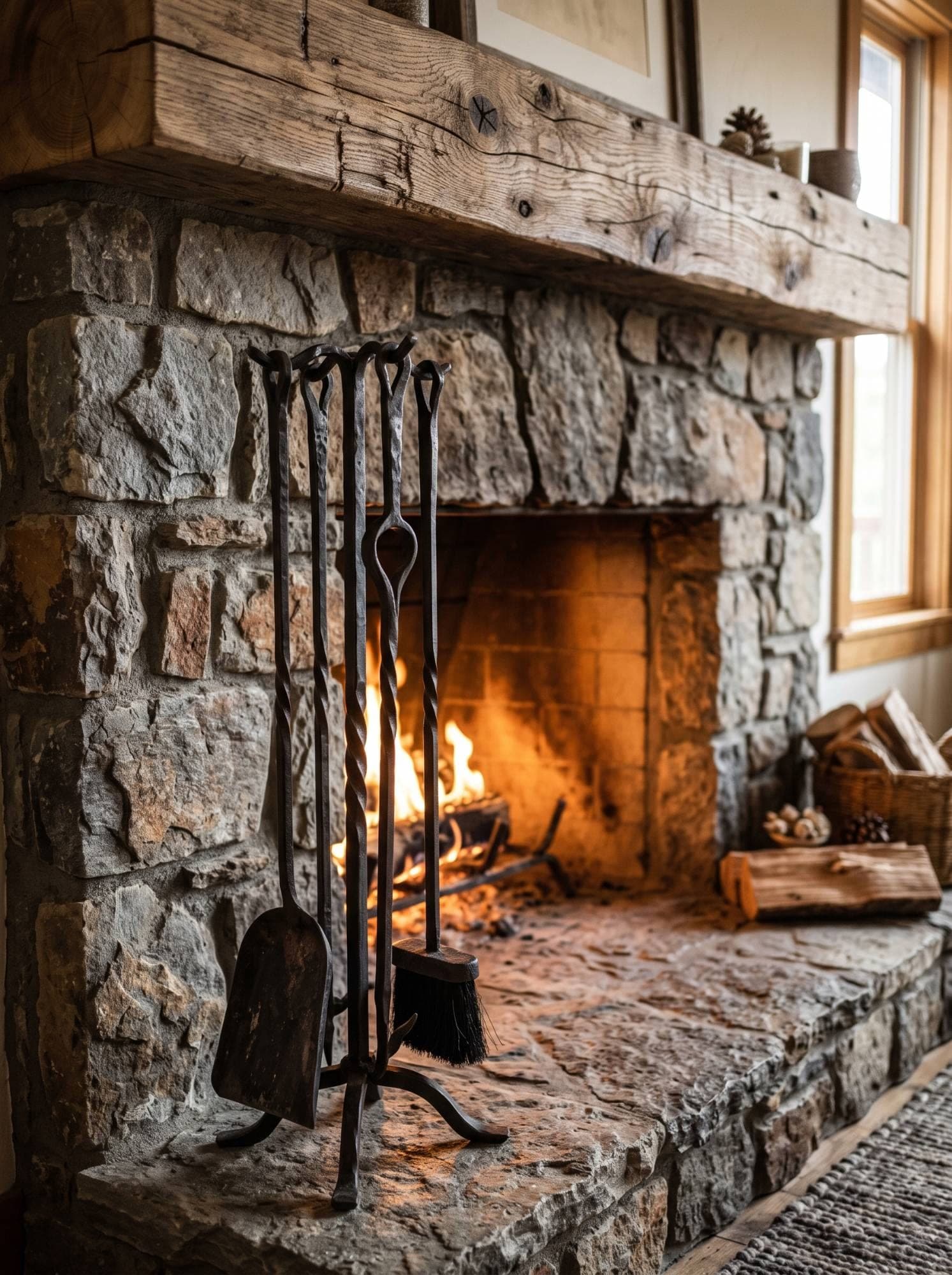 A hand-forged iron fireplace tool set beside a fieldstone hearth with a reclaimed oak mantel and a fire burning