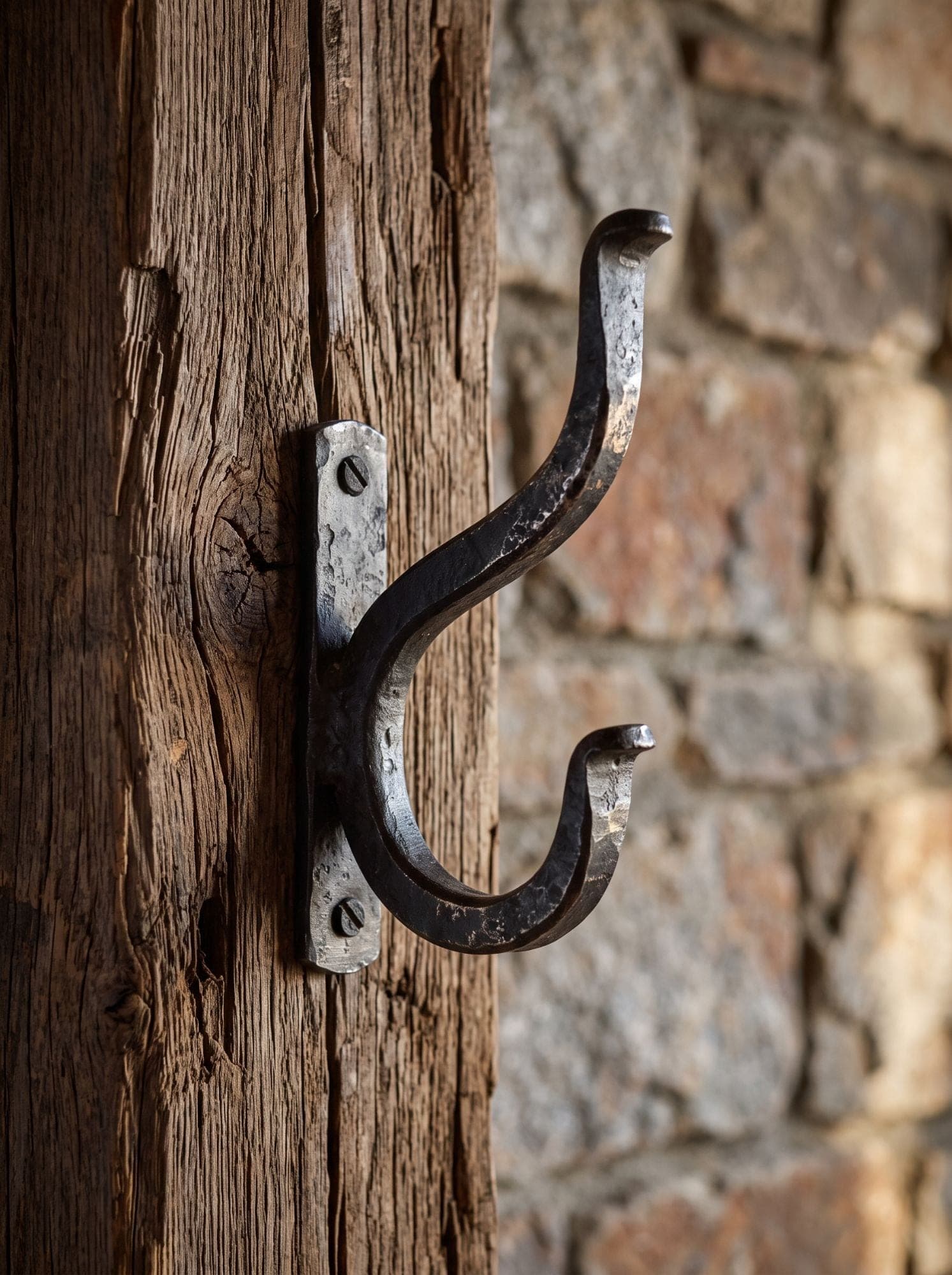 A hand-forged iron hook on a weathered oak beam beside a fieldstone wall