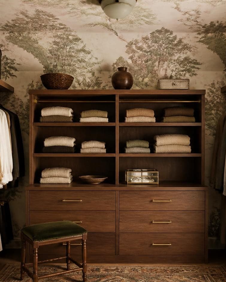 A walk-in closet of warm wood shelving beneath a botanical wallpapered ceiling