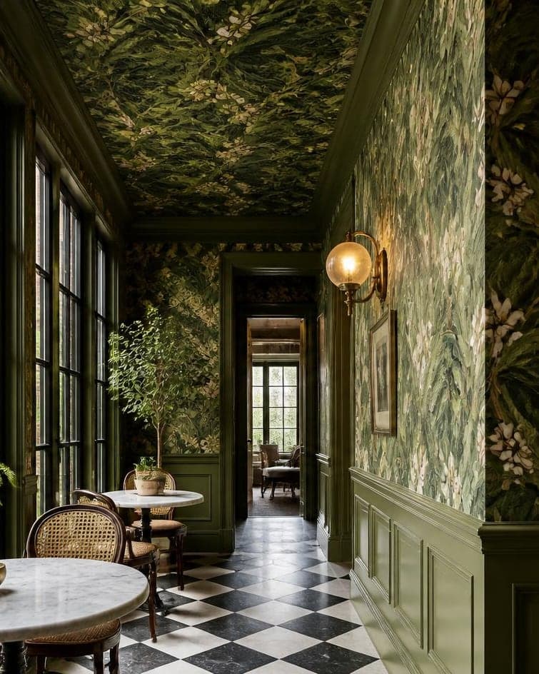 A sunlit garden room with botanical wallpaper running up the walls and across the ceiling