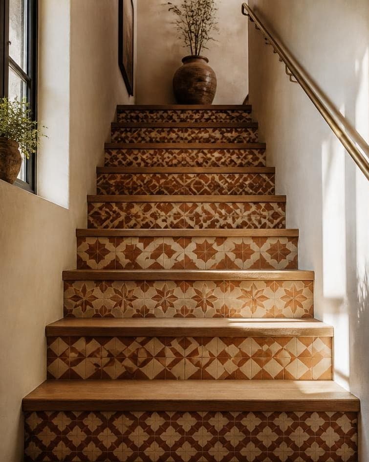 A staircase with each riser faced in a different patterned terracotta tile
