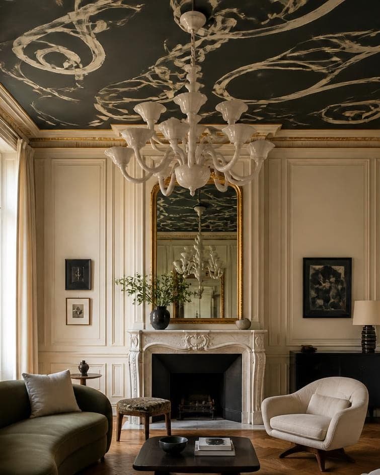 A sitting room ceiling painted black with fine gold linework, a glass chandelier hanging at its center