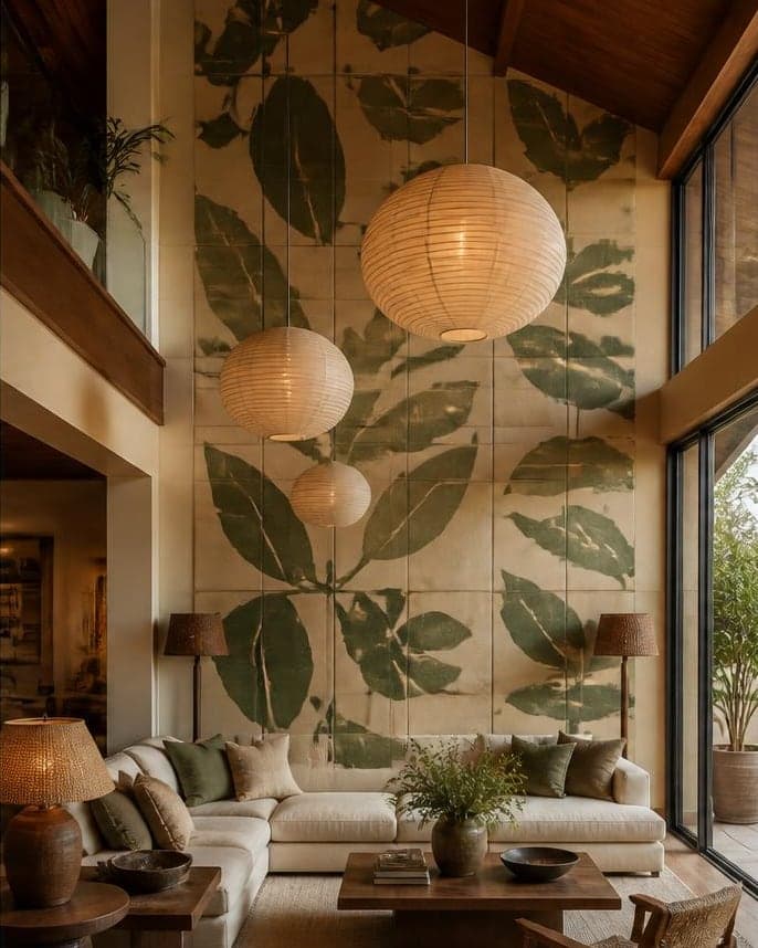 A double-height living room wall painted with an oversized botanical leaf mural