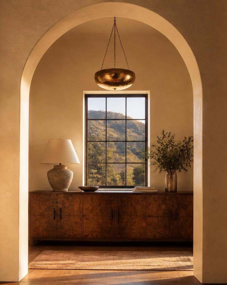A hand-troweled limewash archway glowing in warm afternoon light