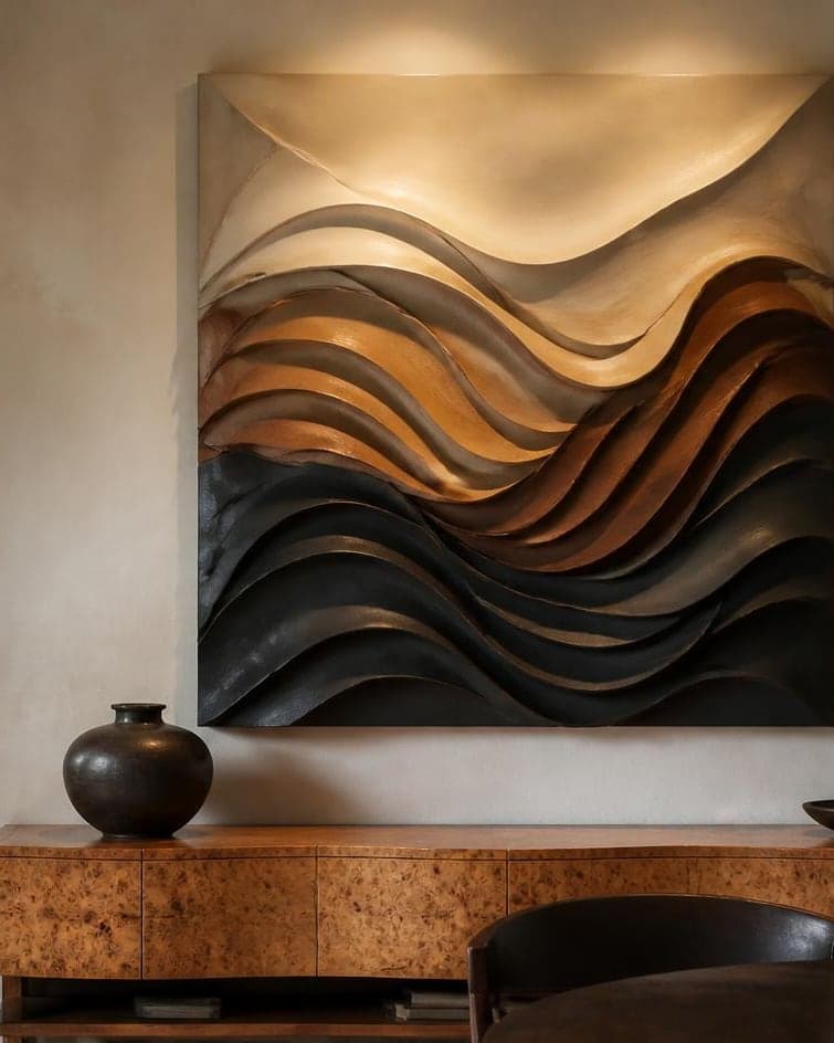A sculptural wall piece of layered wooden waves above a console in an entry