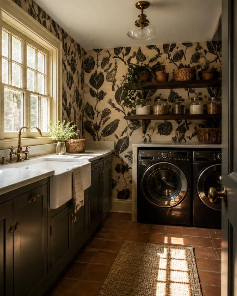 A laundry room papered in a bold dark botanical print above a farmhouse sink