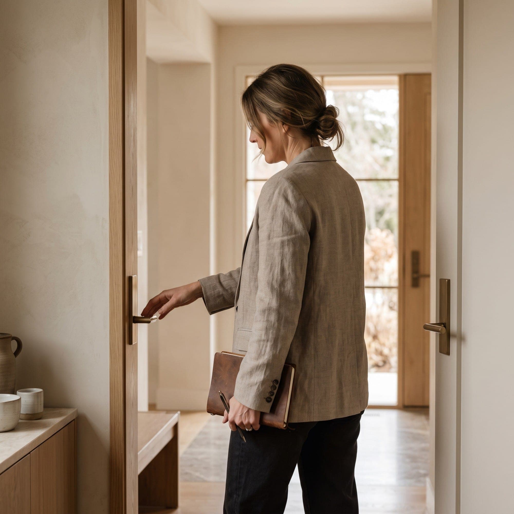 A woman in a linen jacket, notebook in hand, reaching for a brass door lever in a sunlit entry